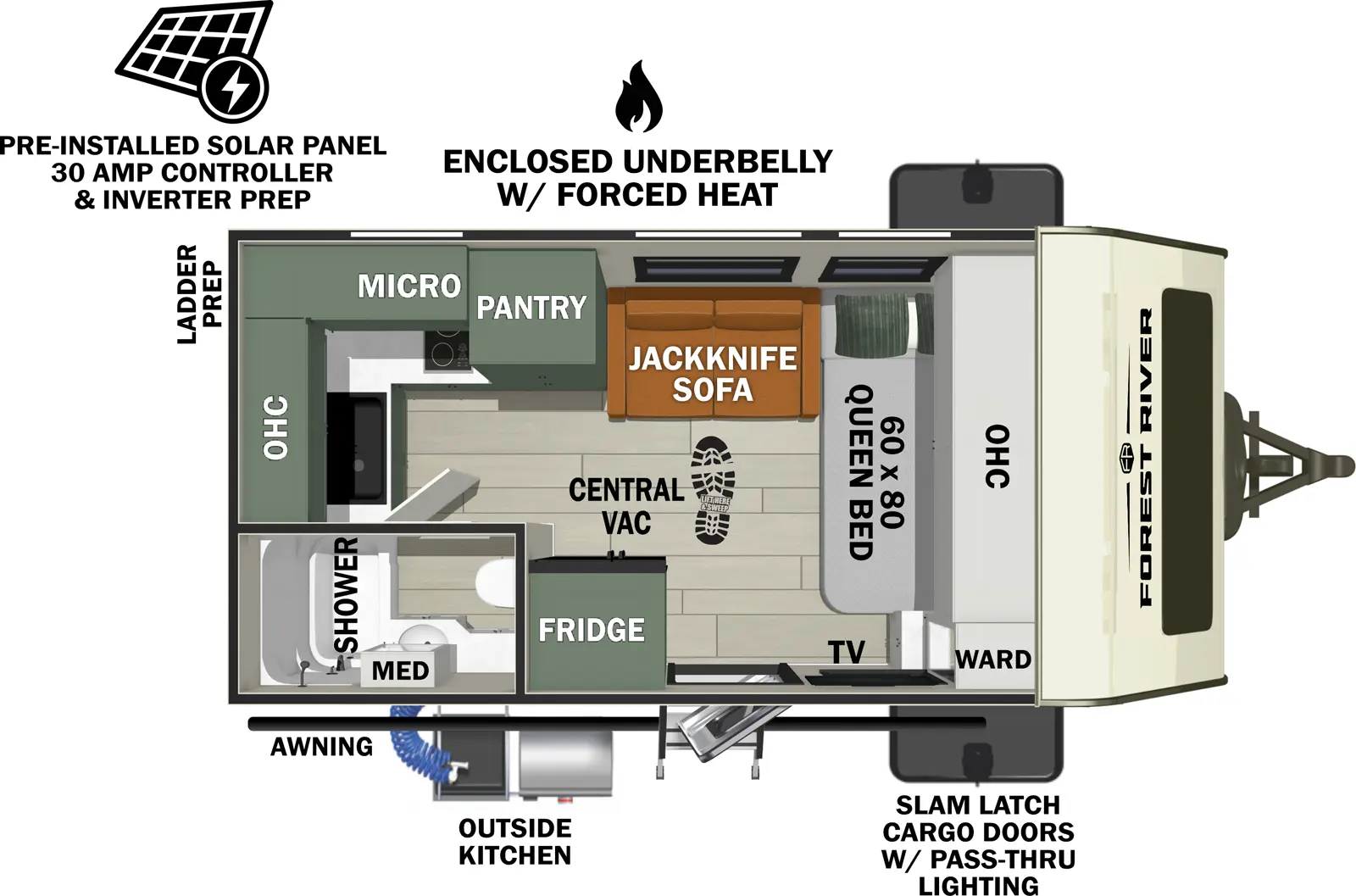 The No Boundaries NB18.0 floorplan has one entry and zero slide outs. Exterior features include: fiberglass exterior, 12' awning and outside kitchen. Interiors features include: front bedroom.